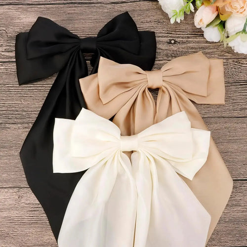 3Pcs Large Elegant Ribbon Bow Hair Clip for Women Simple Solid Color