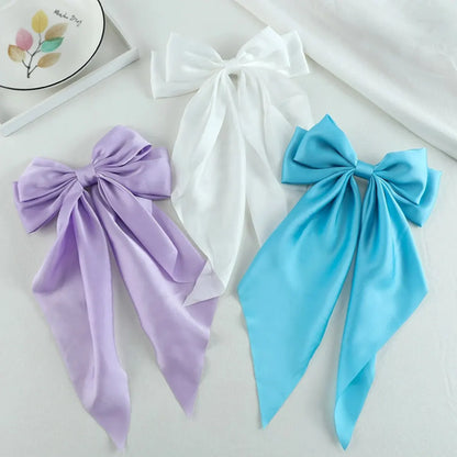 3Pcs Large Elegant Ribbon Bow Hair Clip for Women Simple Solid Color