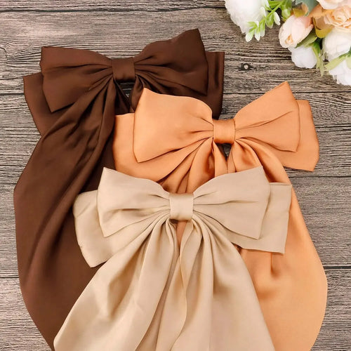 3Pcs Large Elegant Ribbon Bow Hair Clip for Women Simple Solid Color