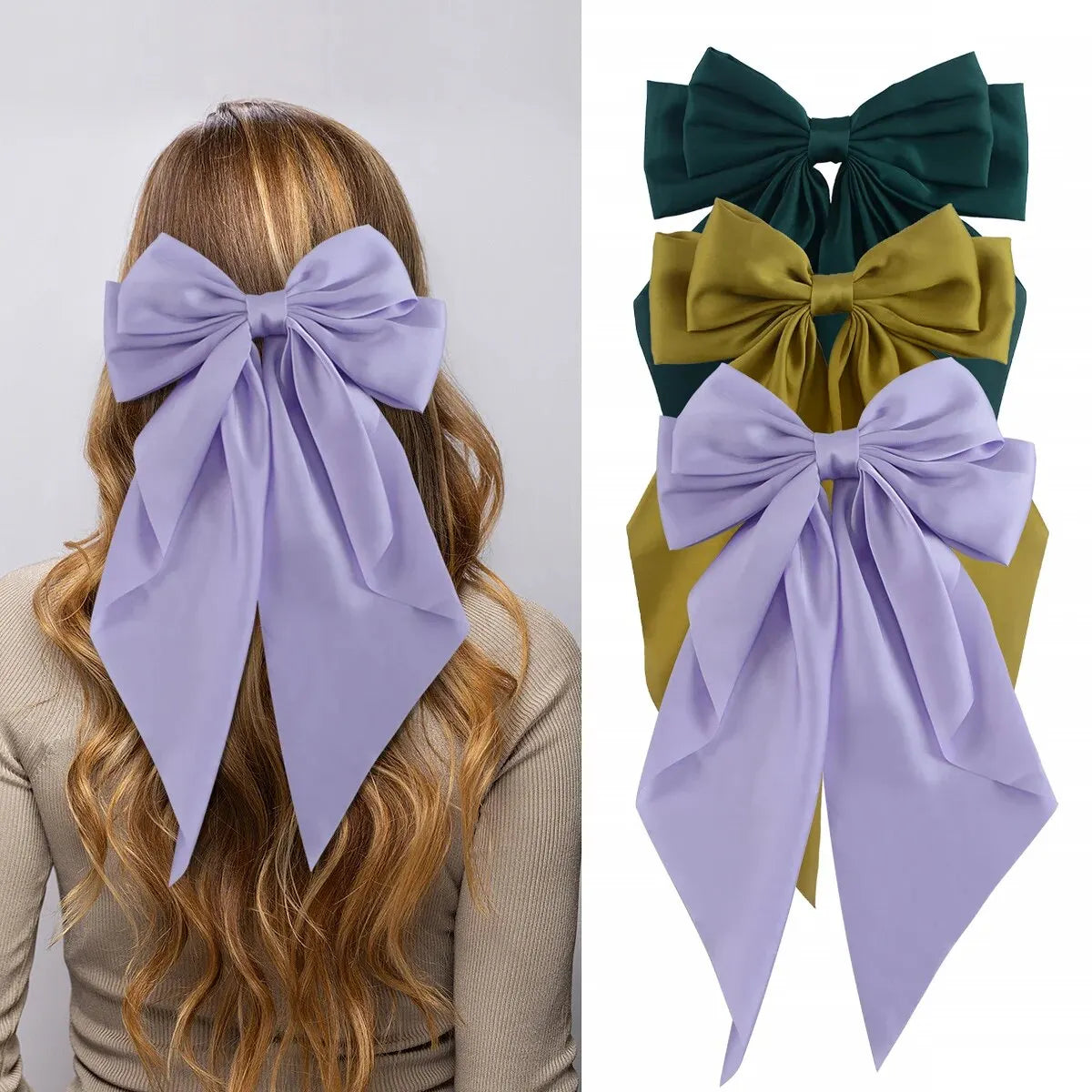 3Pcs Large Elegant Ribbon Bow Hair Clip for Women Simple Solid Color