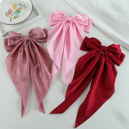 3Pcs Large Elegant Ribbon Bow Hair Clip for Women Simple Solid Color