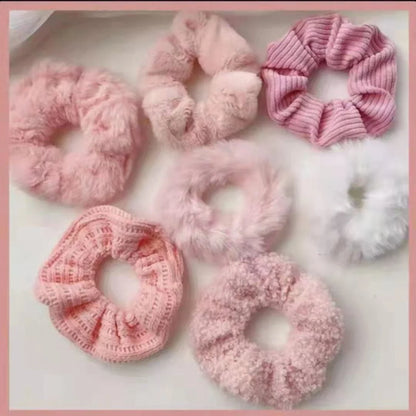 7 Pcs Trendy Fuzzy Hair Scrunchies Soft Knit Hair Elastic Band For