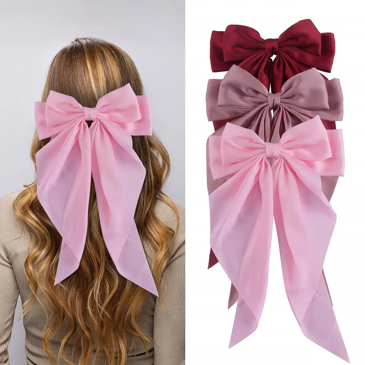 3Pcs Large Elegant Ribbon Bow Hair Clip for Women Simple Solid Color