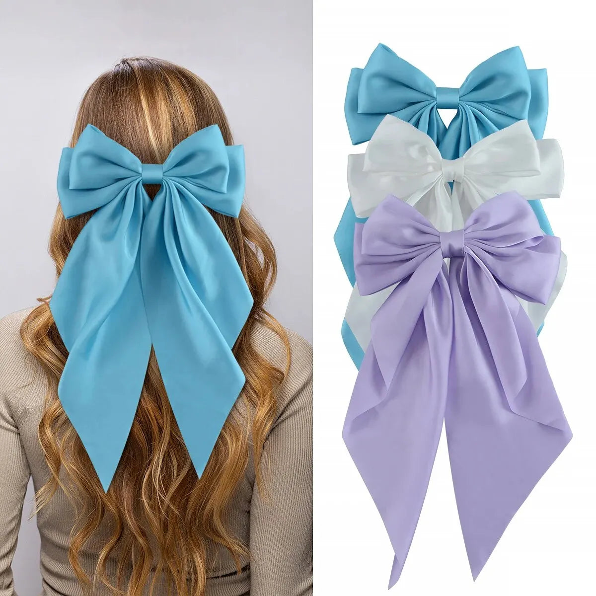 3Pcs Large Elegant Ribbon Bow Hair Clip for Women Simple Solid Color