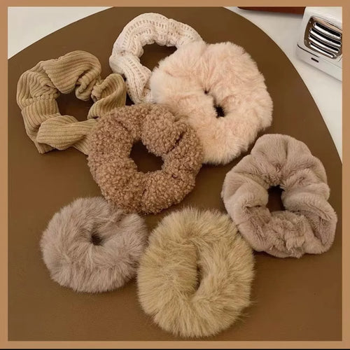 7 Pcs Trendy Fuzzy Hair Scrunchies Soft Knit Hair Elastic Band For